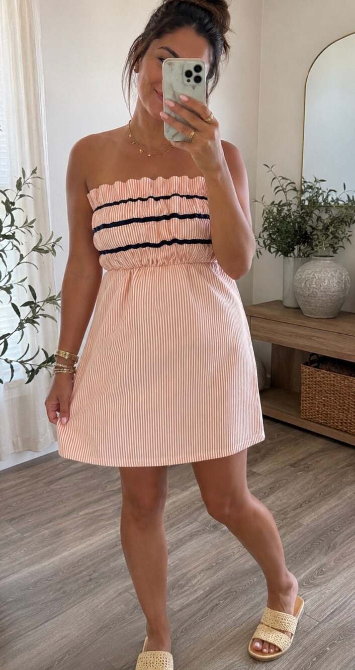 Judith March Pink and White Striped Strapless Mini Dress